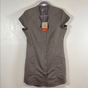 Ibex Organic Herringbone Snap Dress Taupe Size 12 NWT Outdoor Hiking